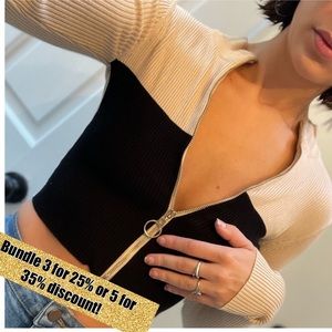 fashion nova ribbed tan and black mock neck sweater with gold circle zipper